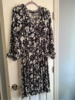 Talbots Black & White Floral Long-Sleeve Smocked-Waist Dress